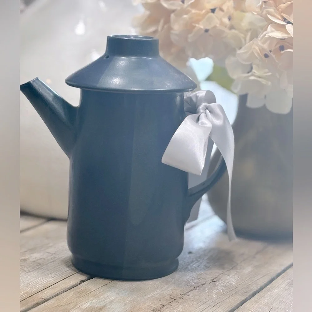Vintage MCM Redware Pottery Pitcher.  9”T Navy | Unique | Oriental | Mid Century